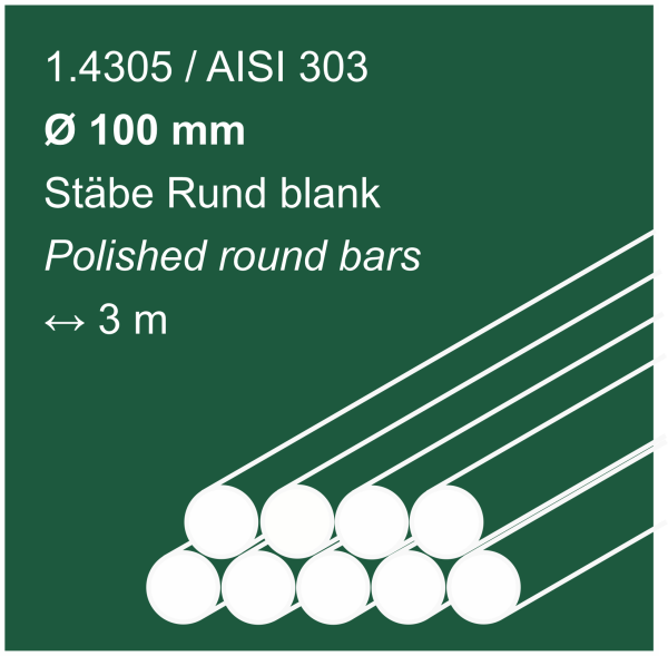 Edelstahlstäbe aus 1.4305 (303), 100 mm Durchmesser, 3000 mm lang, auf sandfarbigem Hintergrund abgebildet
